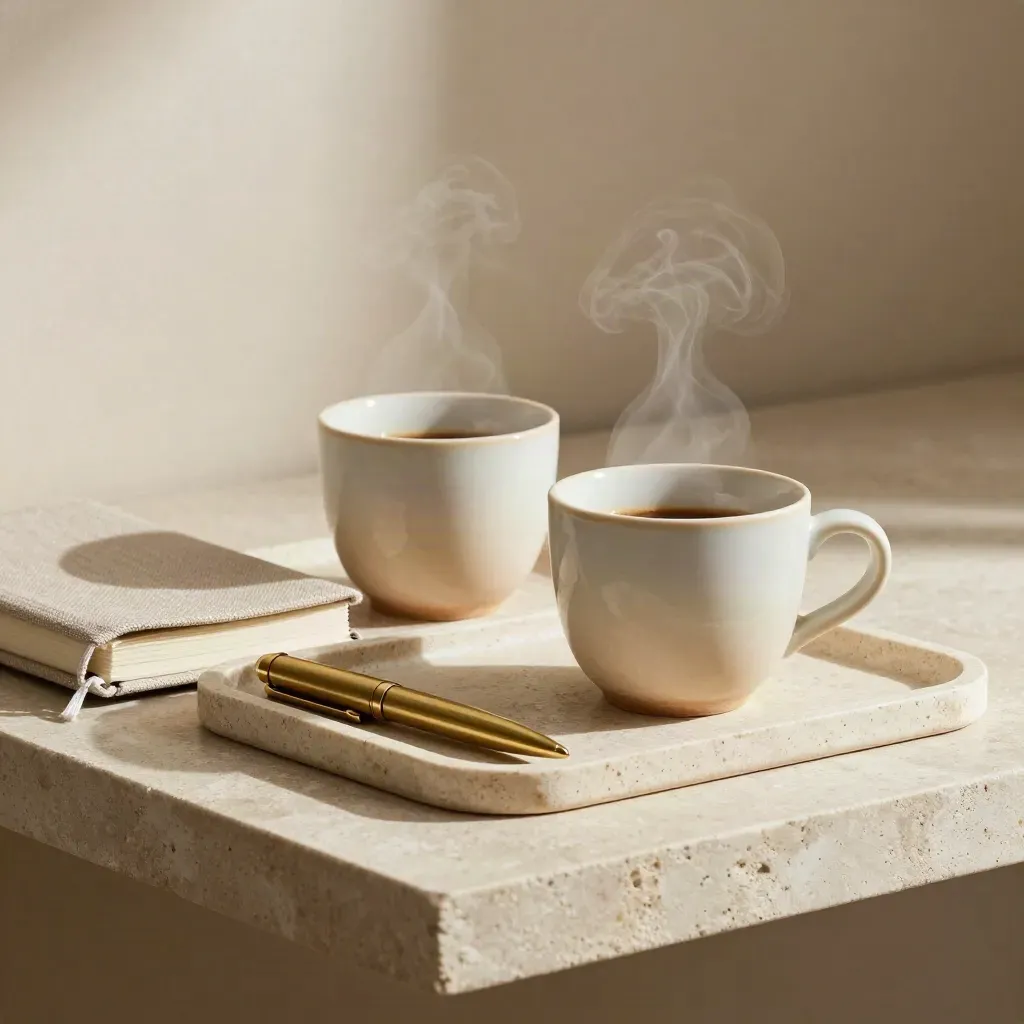 Zwei Espressotassen, Leinen-Notizbuch und Messingkappe auf Travertin im weichen Seitenlicht.
