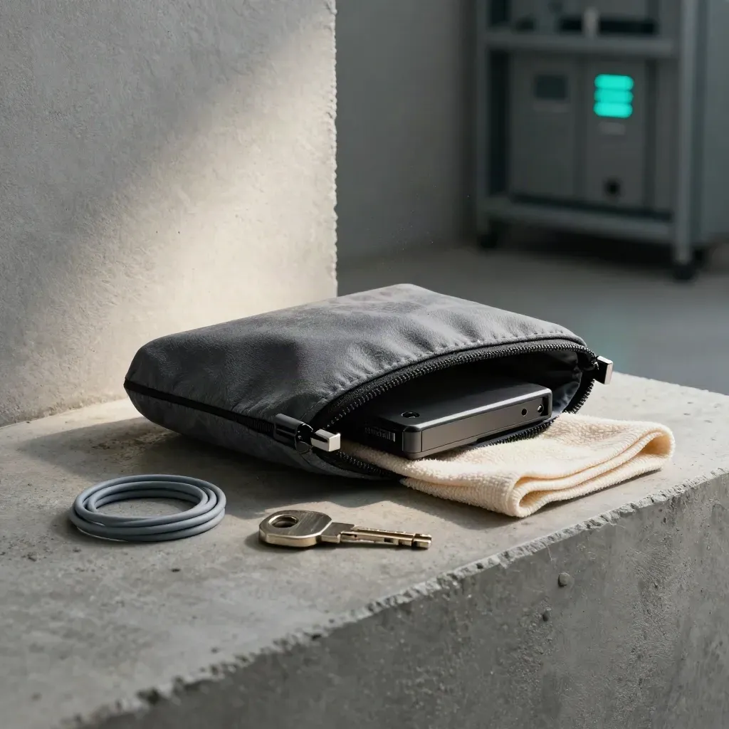 Wartungsset mit Tuch, Kabelschlaufen und Backup-Drive auf heller Betonfläche.