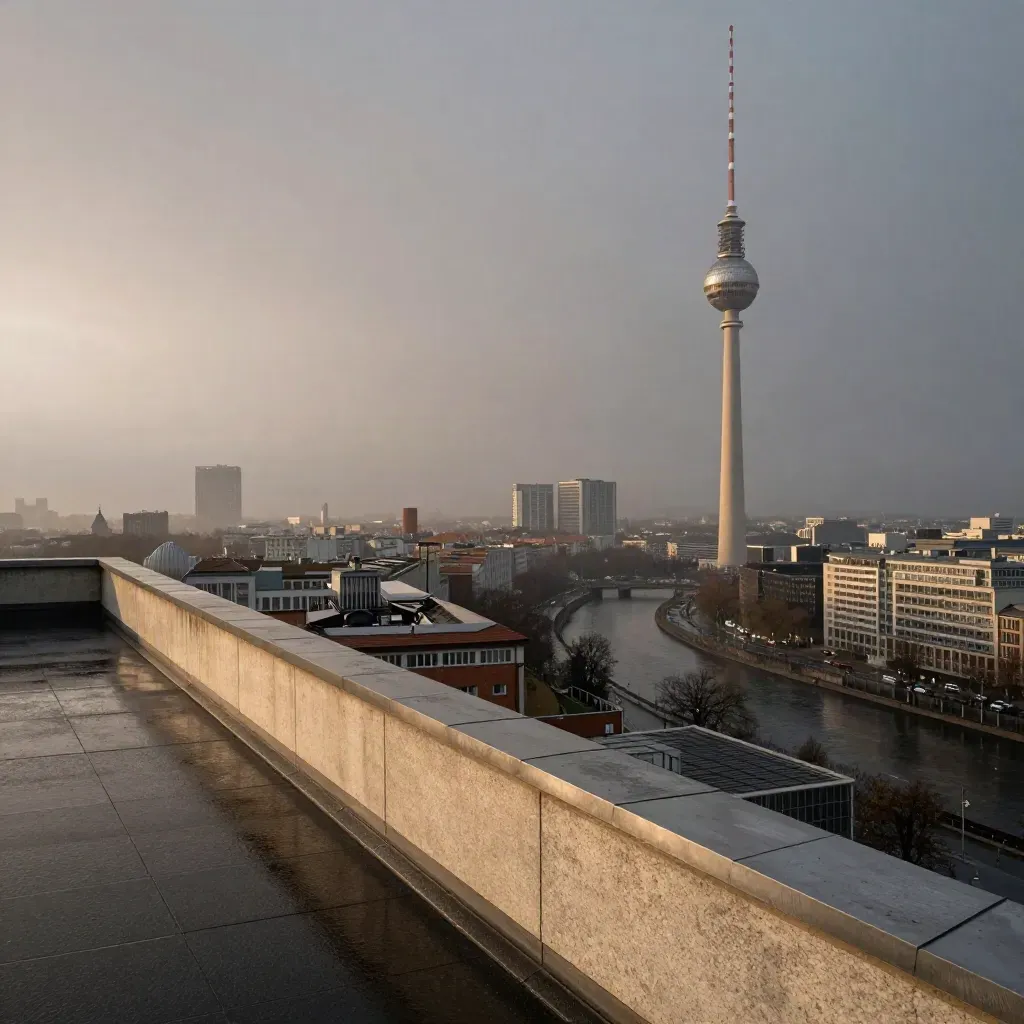 Berliner Skyline mit Fernsehturm und Spree im Blau der Regenstunde von einer Dachterrasse.