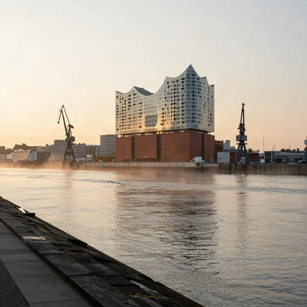 Hamburger Hafen im Morgennebel mit Elbphilharmonie und Kränen am Wasser.