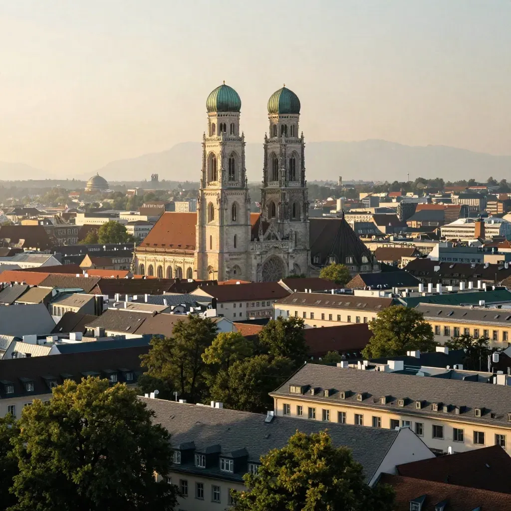 Münchner Altstadtsilhouette mit Frauenkirche im goldenen Dunst und ruhigen Dächern