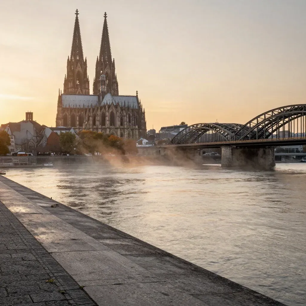 Kölner Dom und Rheinbrücken im Abendlicht über ruhigem Flussnebel
