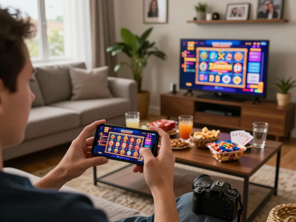 Player enjoying mobile casino gameplay on 888new app in a cozy living room setting