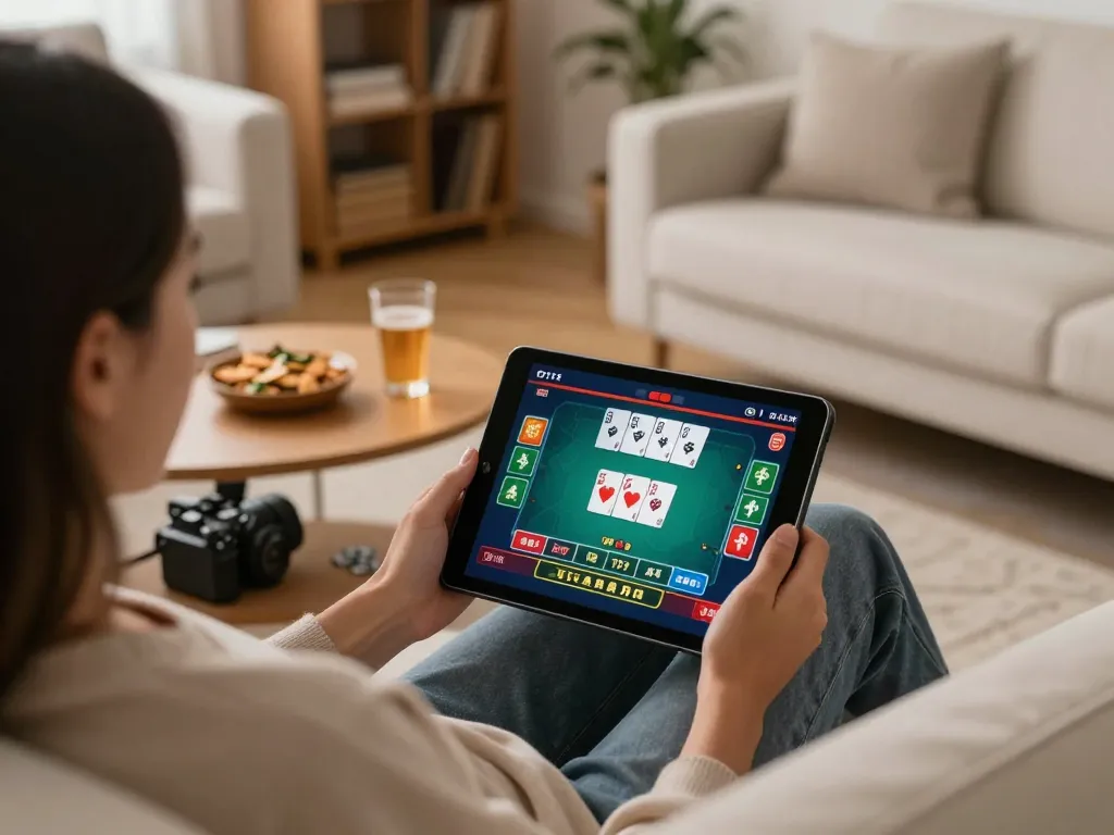 Enjoying online gaming at https://vmax99.vip/ while analyzing poker strategies in a cozy setting.