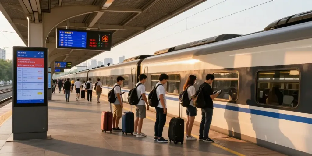 Reisende am Bahnhof mit ermäßigten Zugtickets und modernen Zügen.