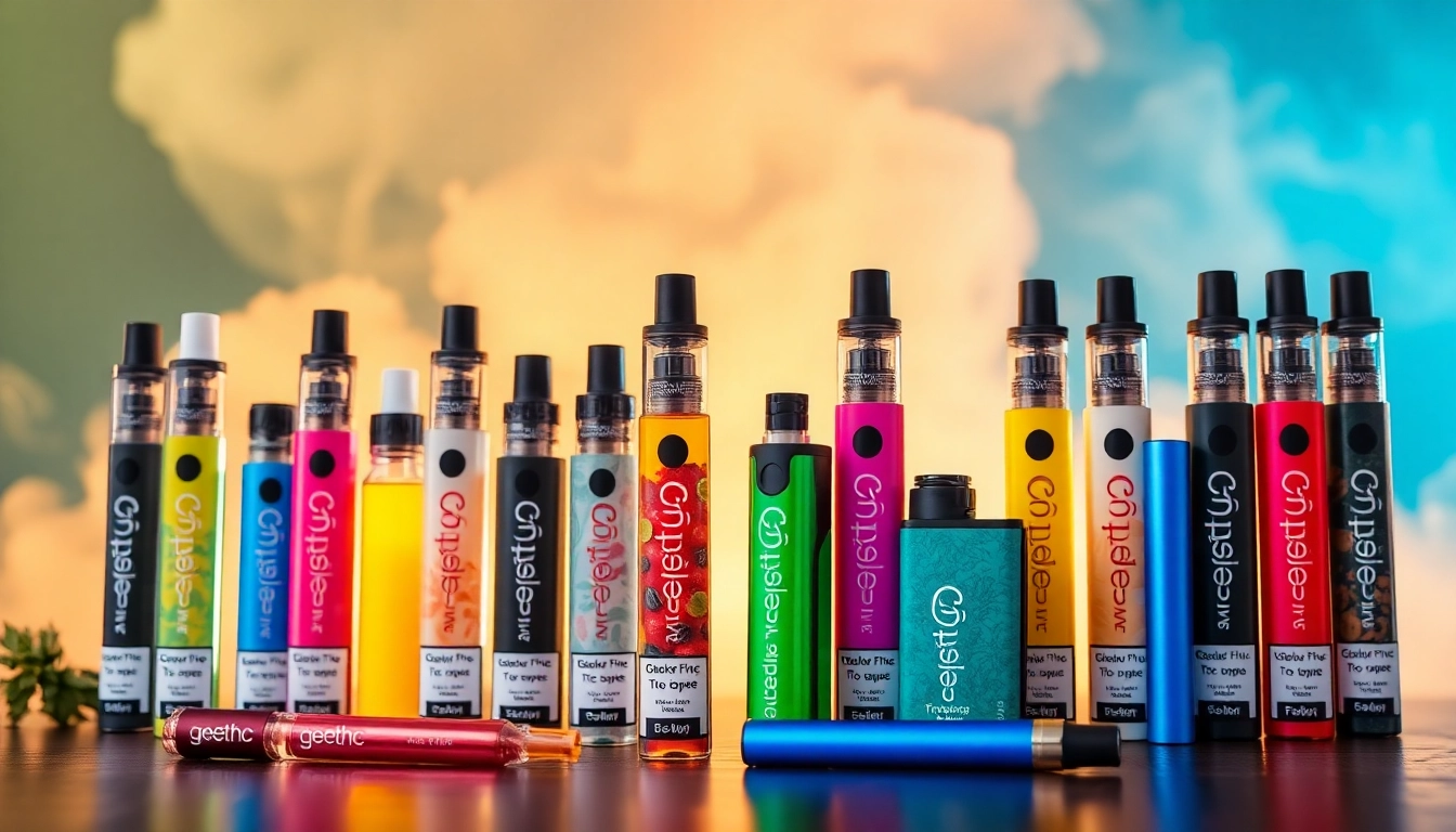 Discover the unique geekthc vape flavors in a vibrant presentation of disposable vapes.
