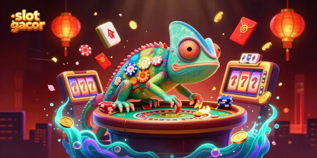 Engaging slot gacor scene with a chameleon casino owner and dynamic game elements.