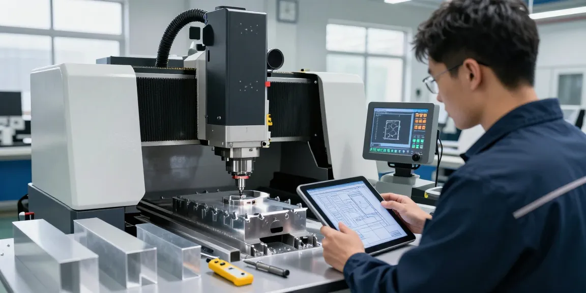CNC-Fräsen in einer modernen Werkstatt, Techniker arbeitet präzise mit Maschinen.