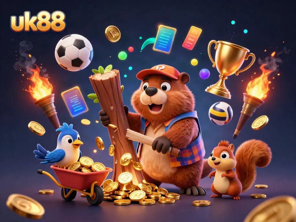Engaging scene showcasing uk88's unique gambling experience, featuring a beaver in action collecting coins amidst dynamic sports elements.