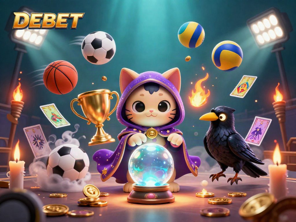 Engaging DEBET graphic showcasing a mystical cat, glowing raven, and sports elements in a vibrant casino scene.