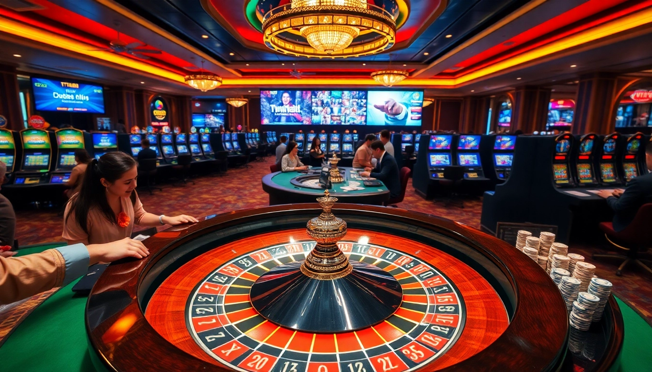 TT88 online gamblers enjoying a vibrant casino experience with roulette and slot machines.