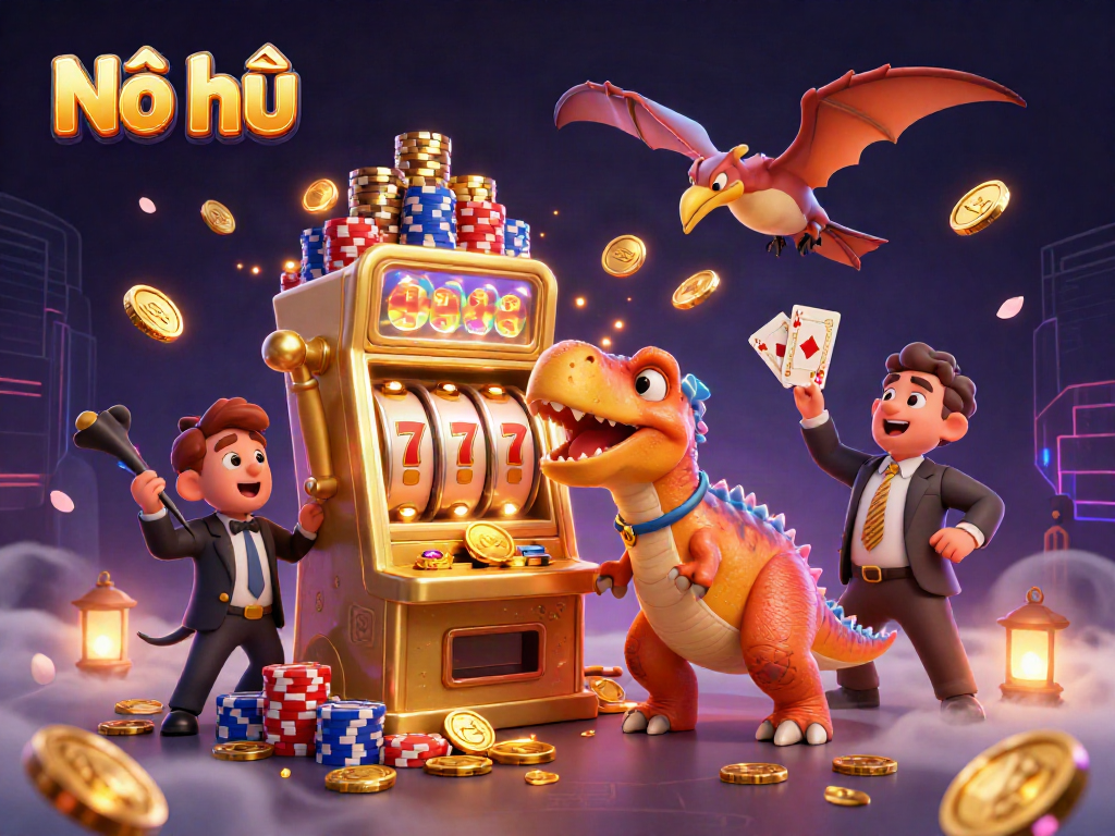 Nổ hũ jackpot scene with a dinosaur hitting a slot machine, colorful coins and cards flying.