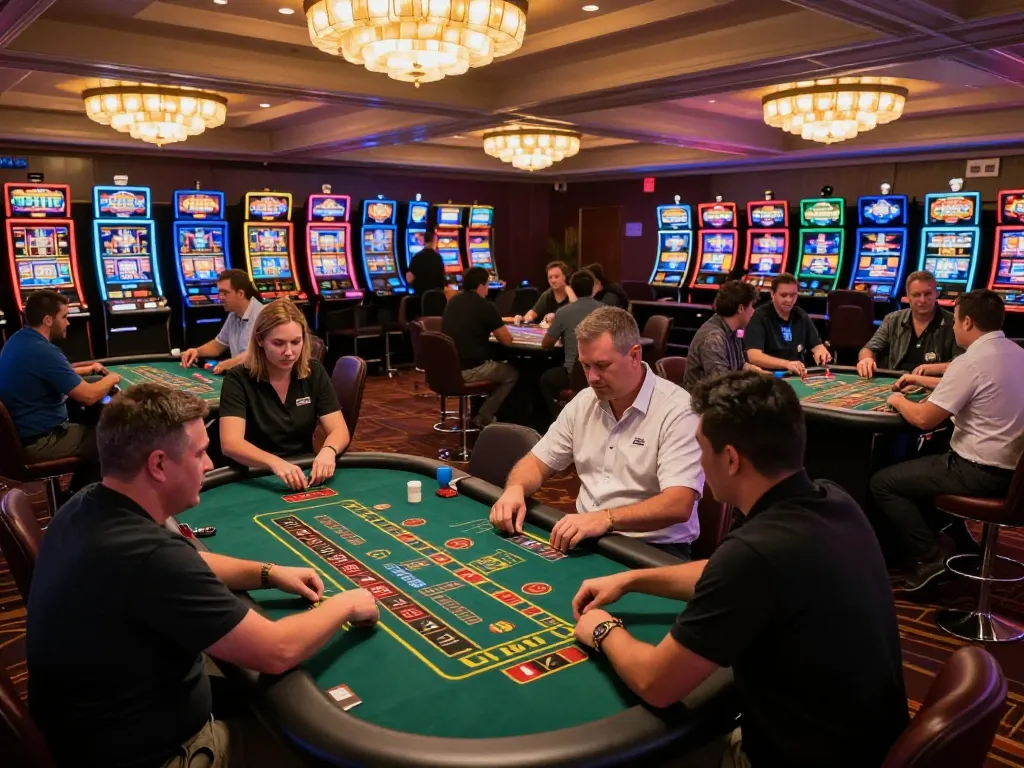 Exciting gameplay at aud77 casino with players engaged at blackjack table under warm lights