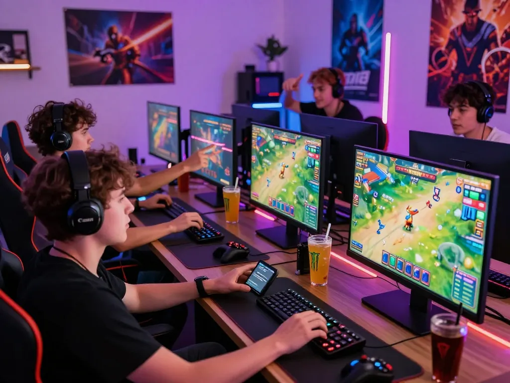 Engaging gaming scene at TR88 featuring friends playing various online games, showcasing excitement and camaraderie.