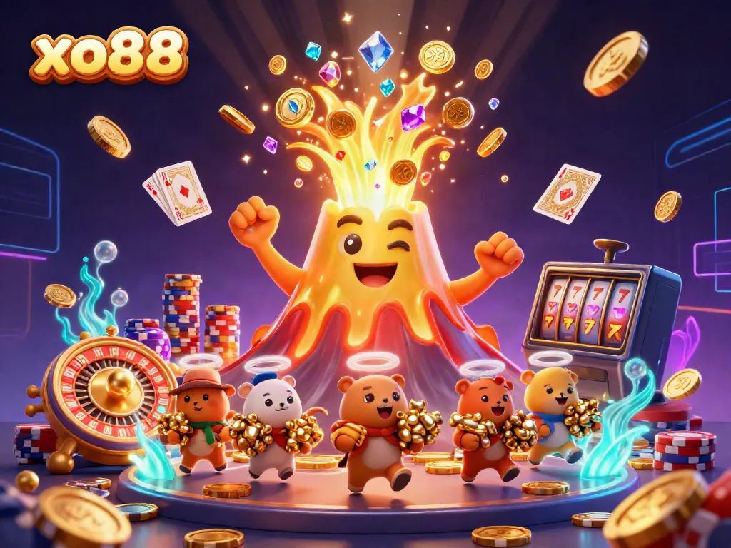 Experience the thrill of xo88 with a vibrant eruption of treasures and games showcased in a lively scene.