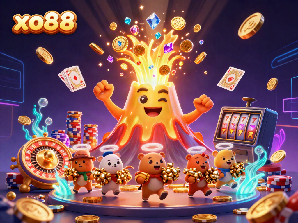 Experience the thrill of xo88 with a vibrant eruption of treasures and games showcased in a lively scene.