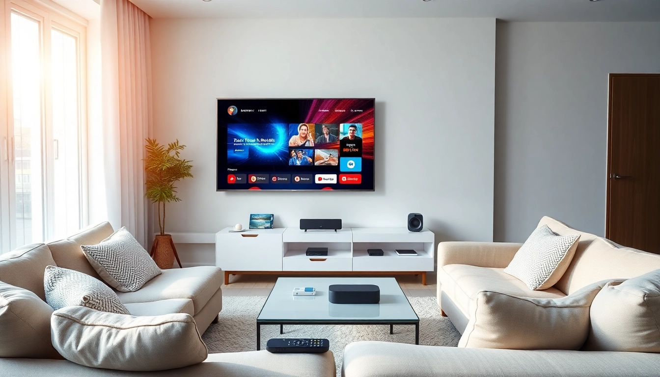 iptv kaufen in einem modernen Wohnzimmer mit TV und lebendigem Streaming-Interface