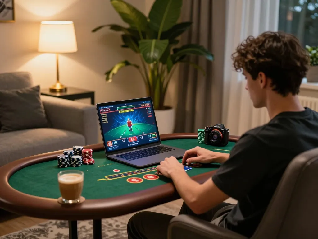 Engaging with nhà cái LLwin on a stylish laptop while playing blackjack at home.