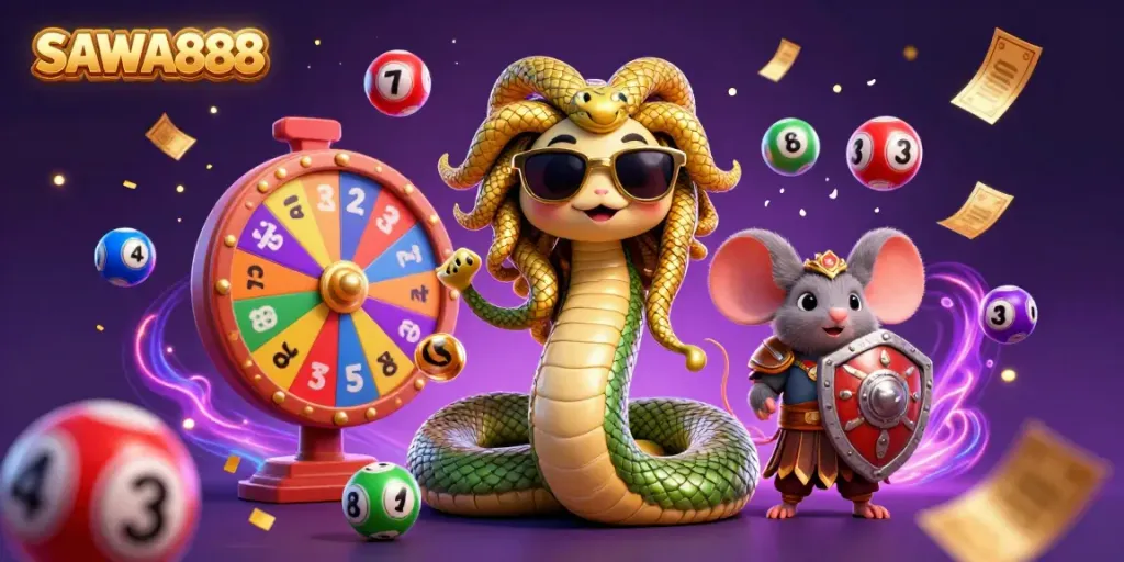 Engage in the dynamic world of SAWA888 with Medusa and a warrior mouse celebrating in a vibrant casino atmosphere.