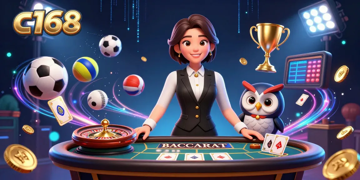 Enjoy thrilling gaming experiences at c168 with a casino dealer and owl assistant amidst exciting elements.