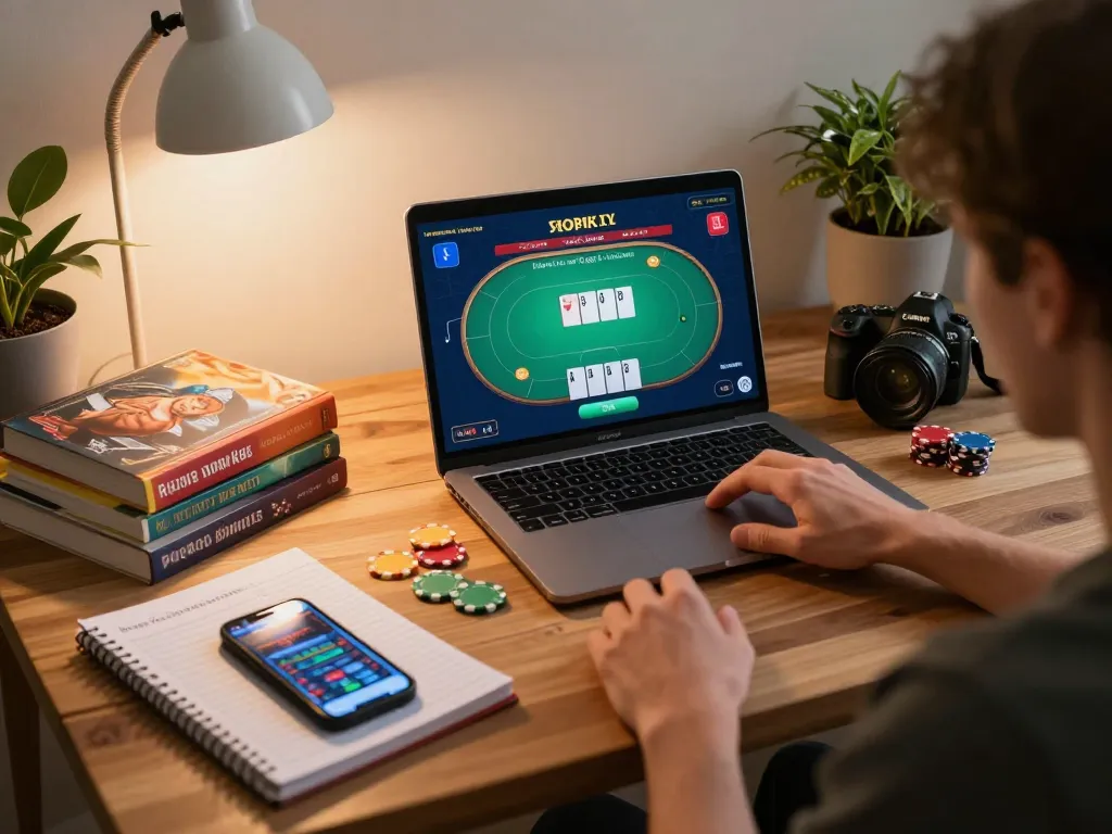 Player engaging with dn88 online poker game and managing bankroll at home setup