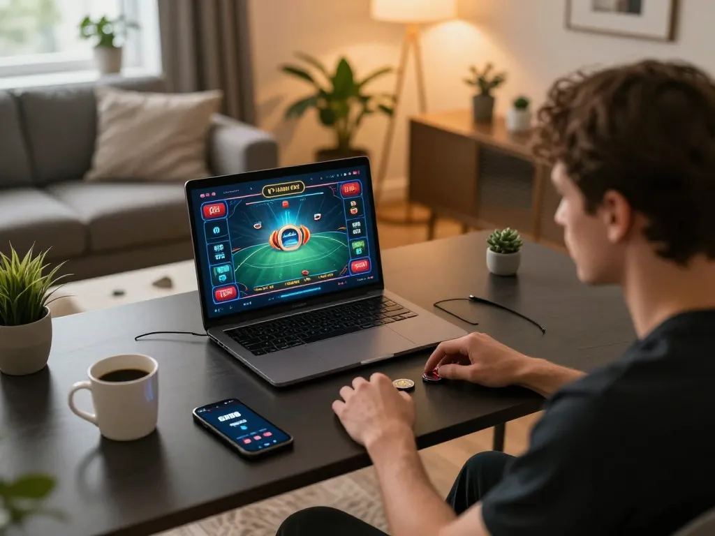 SX88 live dealer gameplay on laptop in a cozy home setting, demonstrating online gambling engagement.