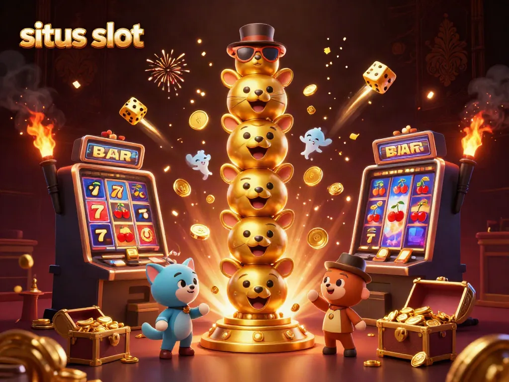 Engage with the thrilling world of situs slot, featuring an animated 3D scene with vibrant slot elements and a golden totem pole.