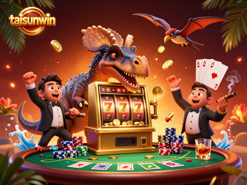 Experience the taisunwin jackpot action as a dinosaur celebrates a slot win amidst casino excitement!