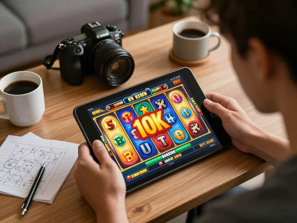Player enjoying slot depo 10k on a tablet amidst a cozy home atmosphere while tracking strategy.