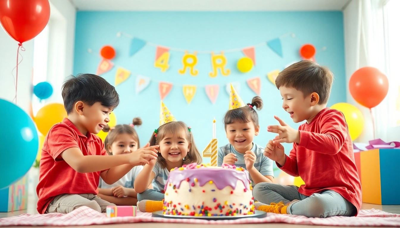 Kindergeburtstag 4 Jahre mit fröhlichen Kindern, Spielen und festlicher Dekoration.