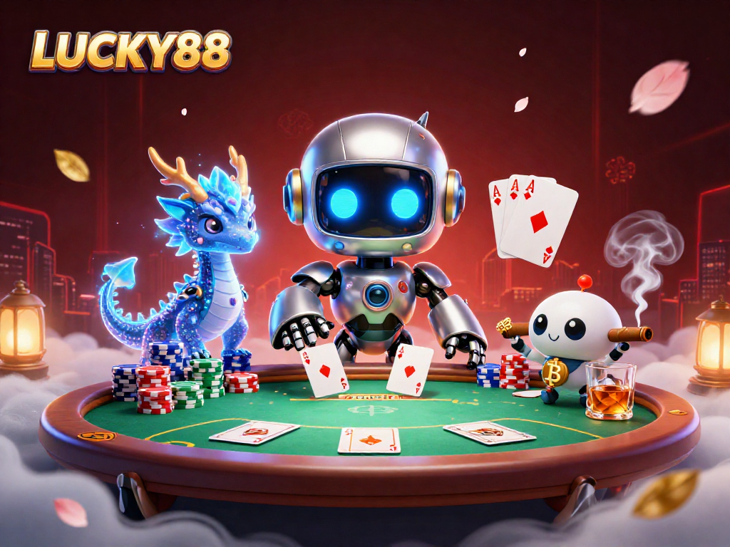 Experience thrilling poker action at LUCKY88 with vibrant characters and casino ambiance.