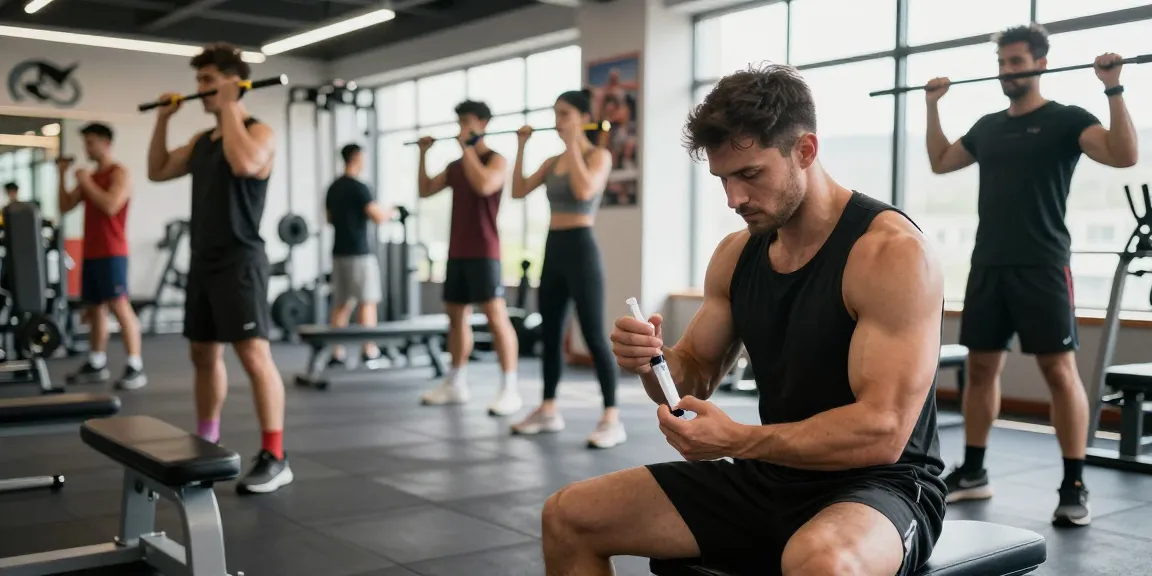 Anabolika-Shop-Fitnessumgebung mit Bodybuildern, die trainieren und sichere Steroidinjektionen in einem hellen Fitnessstudio durchführen.