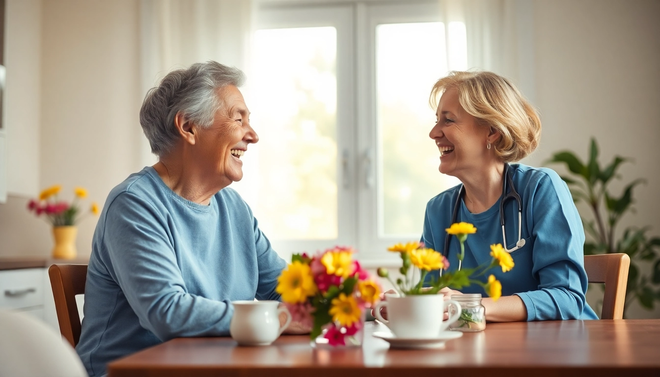 Ein Pflegedienst bietet Unterstützung für ältere Menschen, hier in einem freundlichen Zuhause mit einer Pflegekraft und einer Patientin.