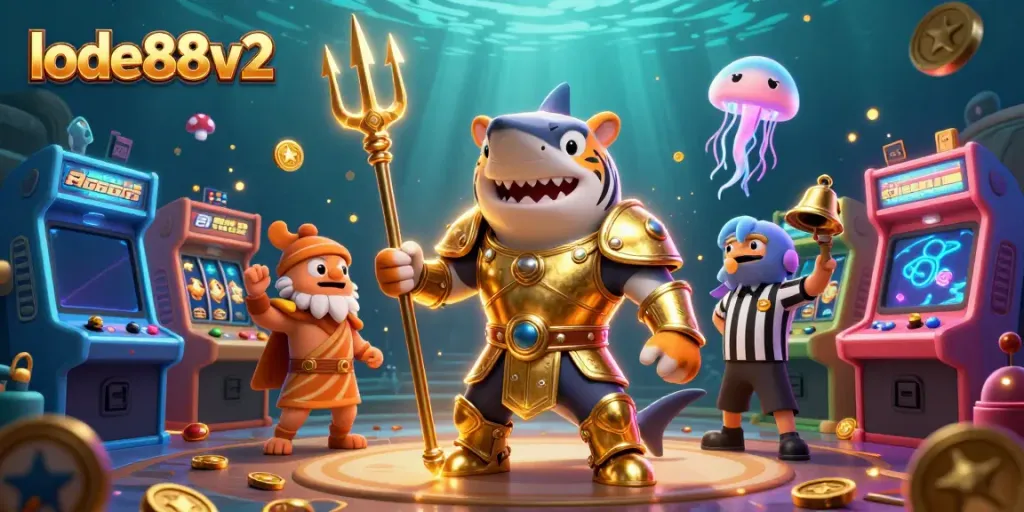 Experience thrilling wins at lode88v2 with a vibrant underwater casino featuring a gladiator shark and exciting game elements.
