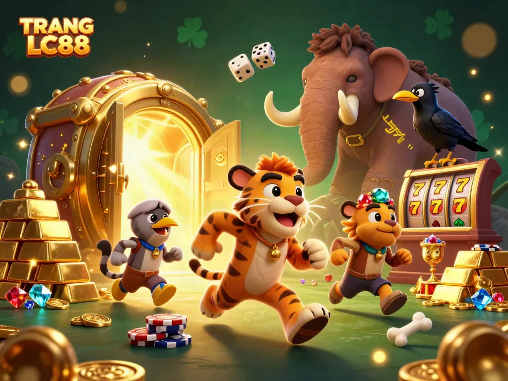 Spin the reels at TRANG CHỦ LC88 with a vibrant prehistoric casino featuring a caveman and tiger duo.
