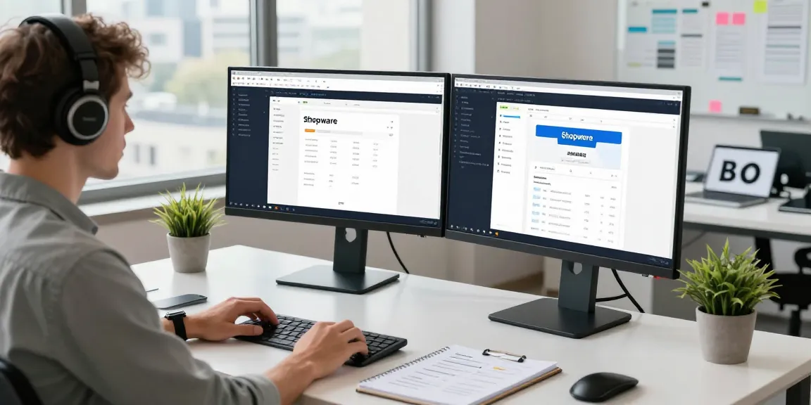 SP Webconsulting-Experte im E-Commerce an einem modernen Arbeitsplatz mit Shopware-Demonstrationen.