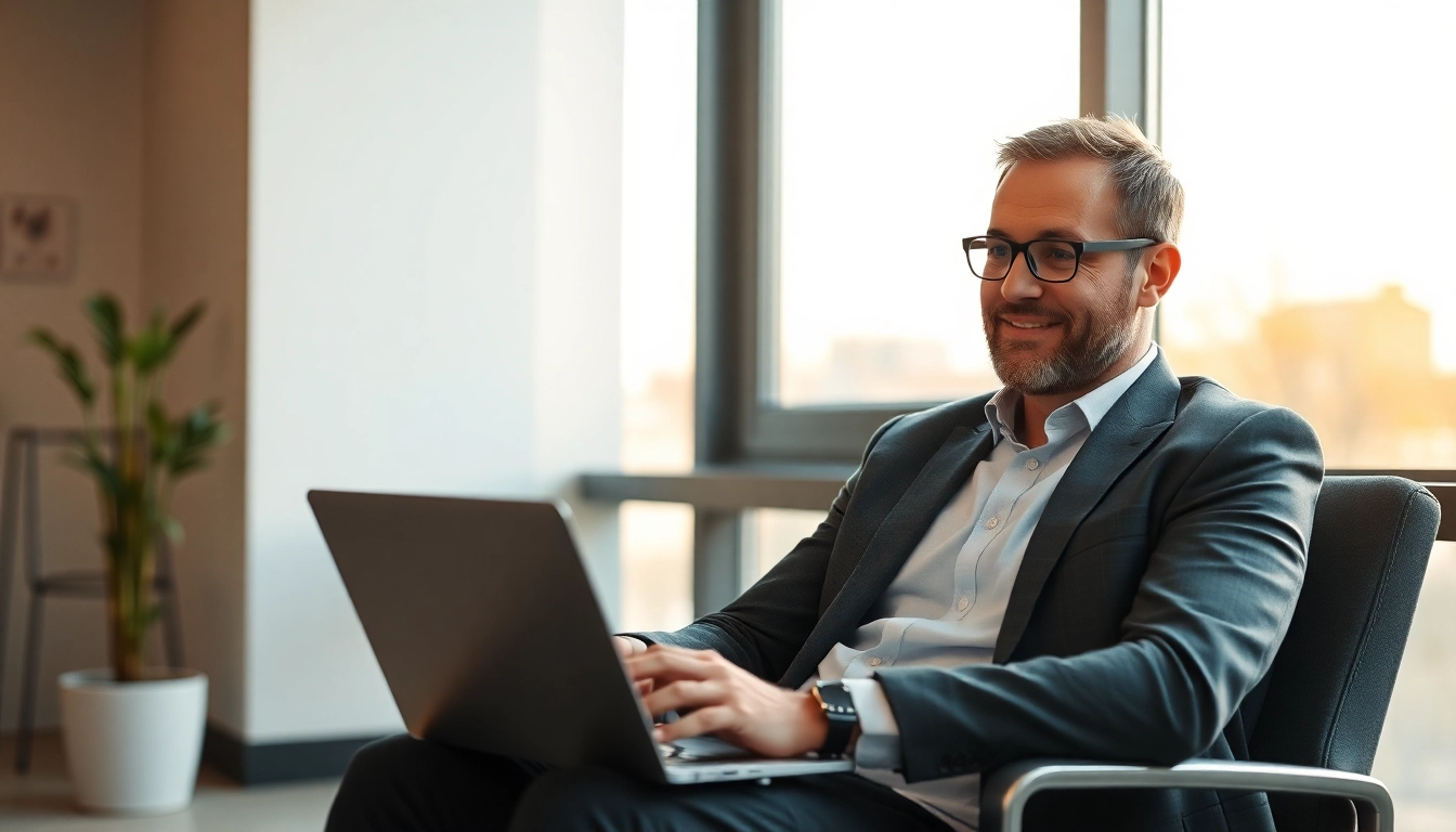 Executive Coaching für die Jobsuche: Motivierter Geschäftsmann im modernen Büro mit Laptop während einer Coaching-Session.