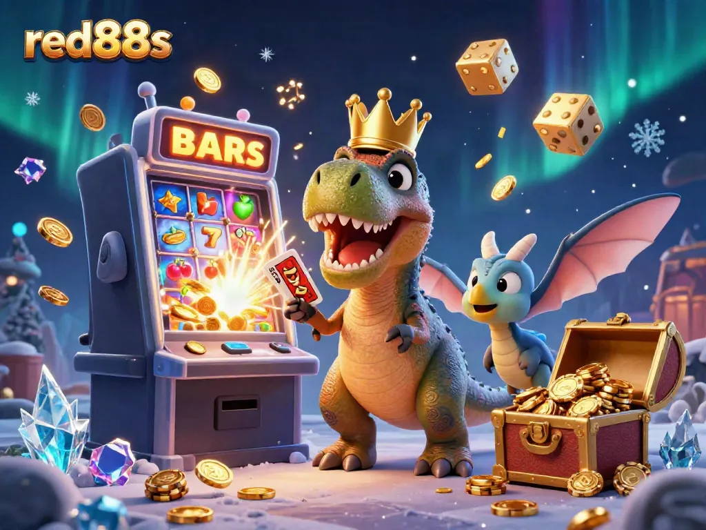 Experience excitement with red88s in a vibrant 3D casino scene featuring a T-Rex, pterodactyl, and triceratops.