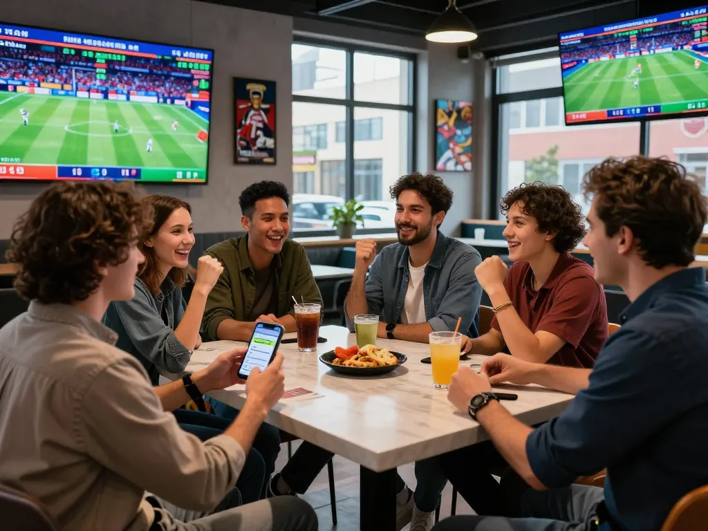 Group of friends enjoying sports betting with zbet app in vibrant lounge