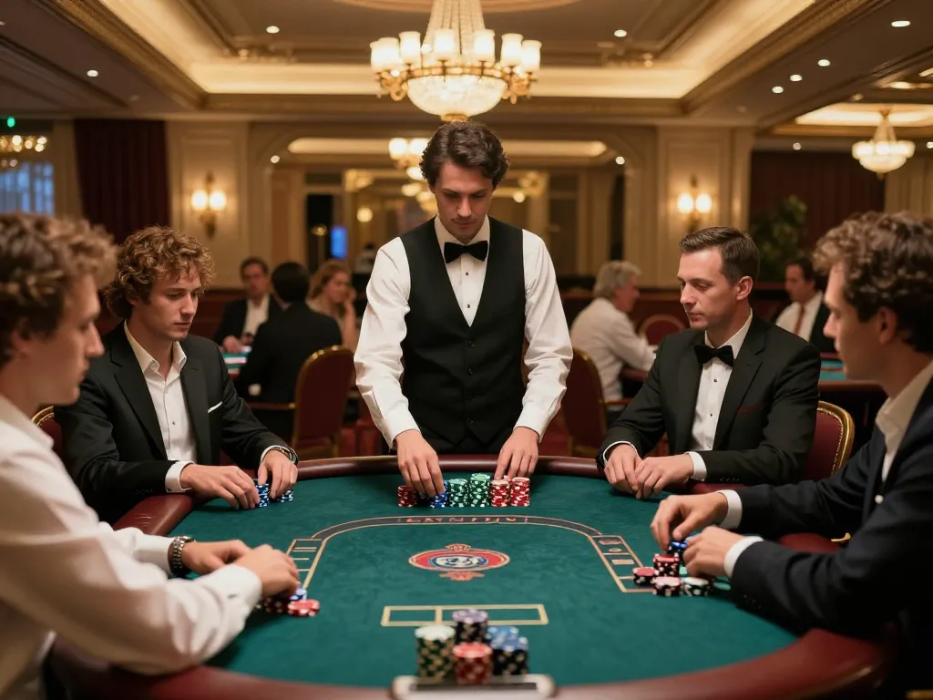 Players engaged at MK8's poker table strategizing their bets in a luxurious casino setting.