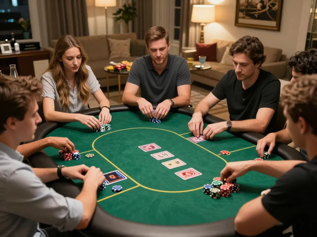 Players enjoying an intense game of poker in a cozy home setting on mb668.