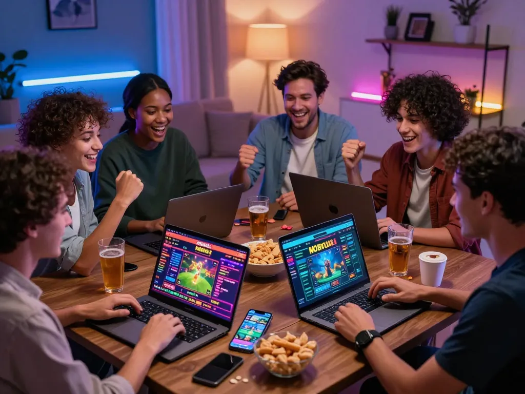 Exciting group celebrating a win while engaging with nhà cái Onbet's online betting platform in a lively home setting.