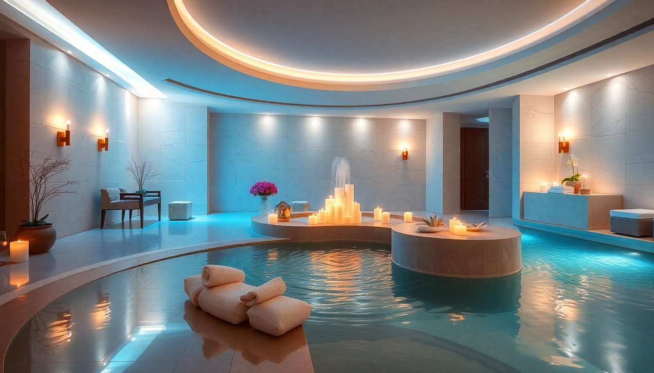 Indulge in luxury at a serene spa with soft lighting and tranquil water features.
