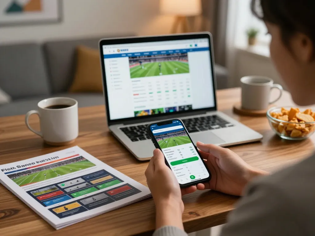 Engaging sports betting setup with soccer picks displayed on a smartphone amidst a cozy home environment.