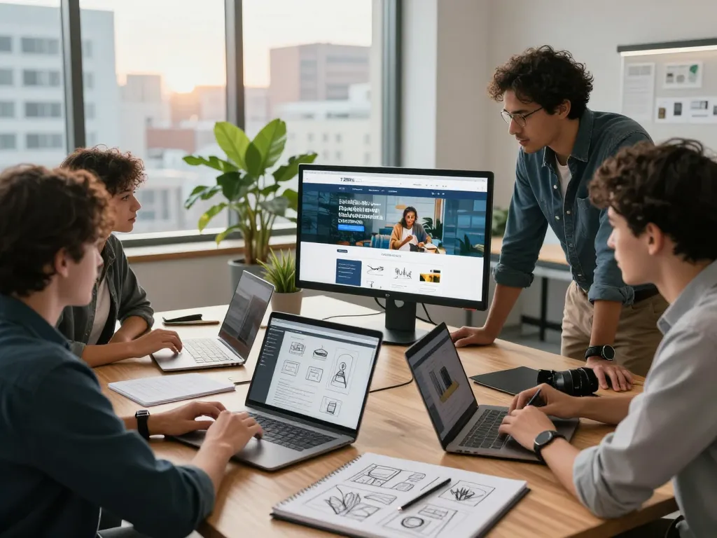 Webdesign Berater Team arbeitet an einem Website-Designprojekt in modernem Studio
