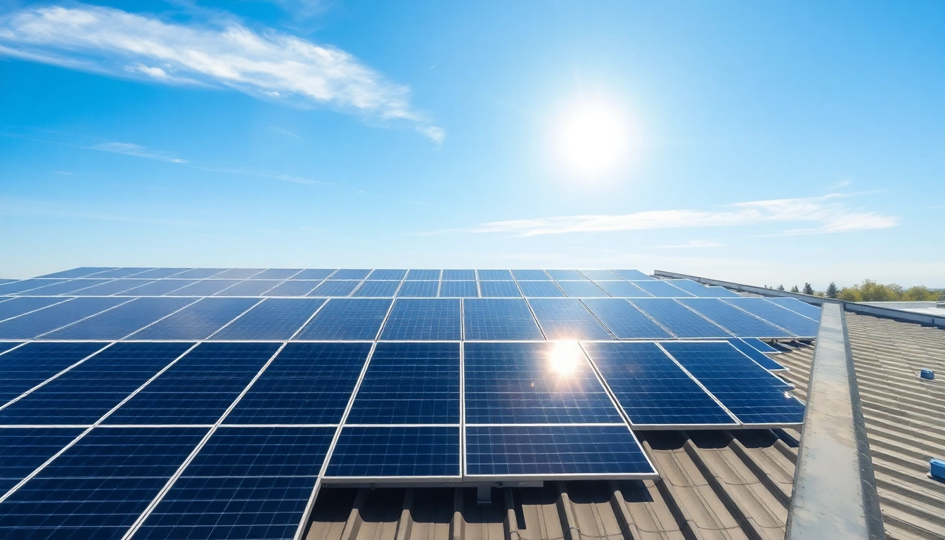 Solar-Investment auf gepachteten Dachflächen unter strahlend blauem Himmel mit glänzenden Solarmodulen und positiven Umweltdiskussionen.
