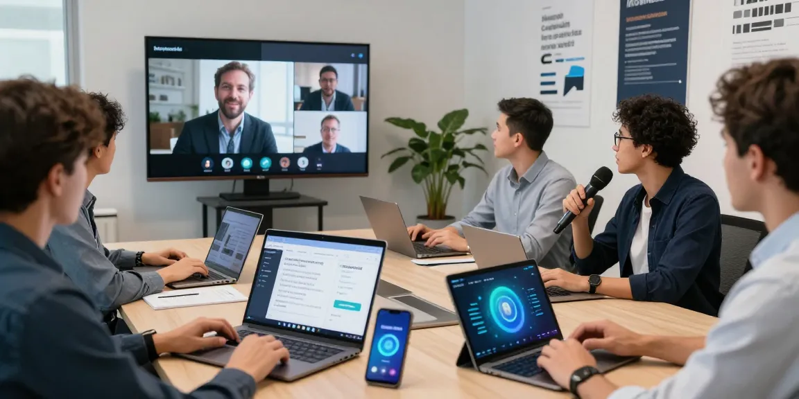 Echtzeitübersetzung mit KI-Sprachübersetzer während einer virtuellen Konferenz.