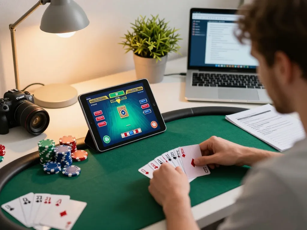 Gaming session on alo8net with poker on a tablet, player engaged in strategy at home
