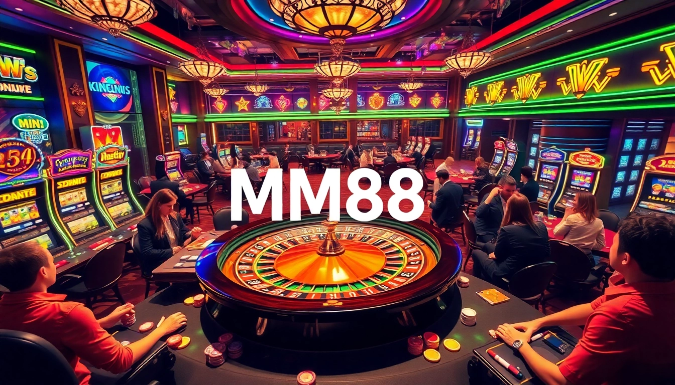 Experience the thrill of winning at MM88 with luxurious casino tables and vibrant slot machines.