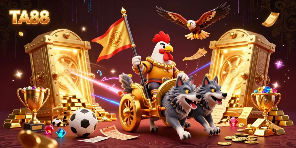 TA88 offers exciting sports betting with a rooster warlord and treasure, showcasing vibrant gaming elements.